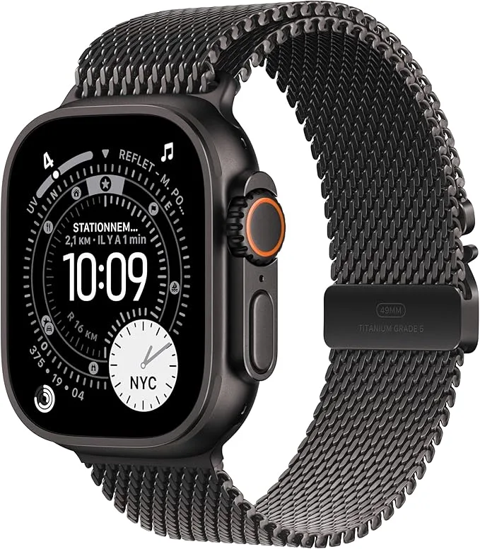 Apple Watch Ultra 3 49 mm GPS + Cellulaire - boîtier en titane noir - bracelet en titane noir Milanais - Medium
