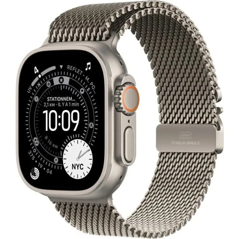 Apple Watch Ultra 3 GPS + Cellular 49 mm, boîtier en titane naturel avec bracelet Milanais en titane naturel - Large