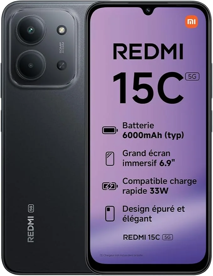 Xiaomi Redmi 15C 5G Smartphone 4+128 Go Double Caméra IA 50 MP · 6.9″ · Noir · 120 Hz