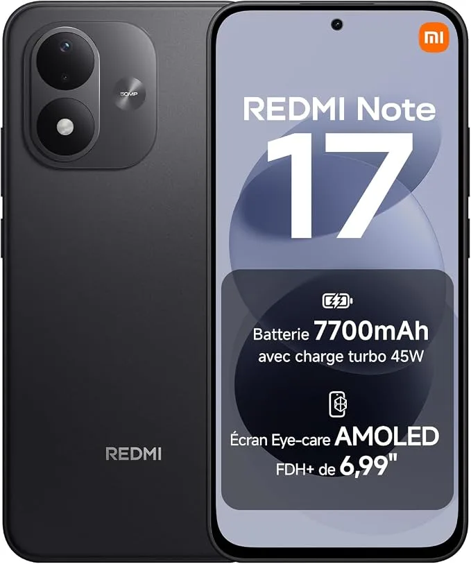 Xiaomi Redmi Note 17, Smartphone 4+128 Go, Noir, Batterie 7700 mAh